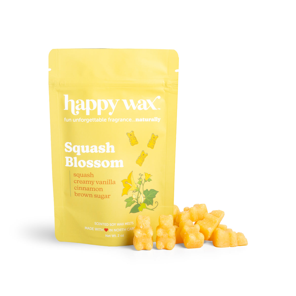 Happy Wax Squash Blossom 2 ounce Pouch with yellow wax bears on white background