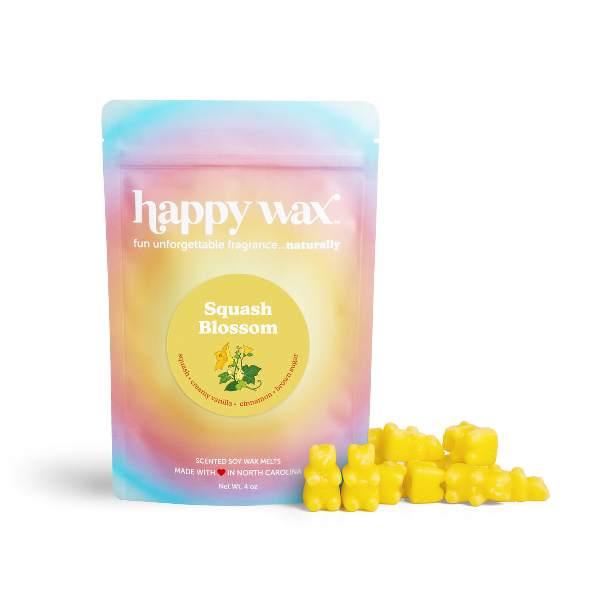 Happy Wax Squash Blossom 4 ounce Pouch with yellow wax bears on white background