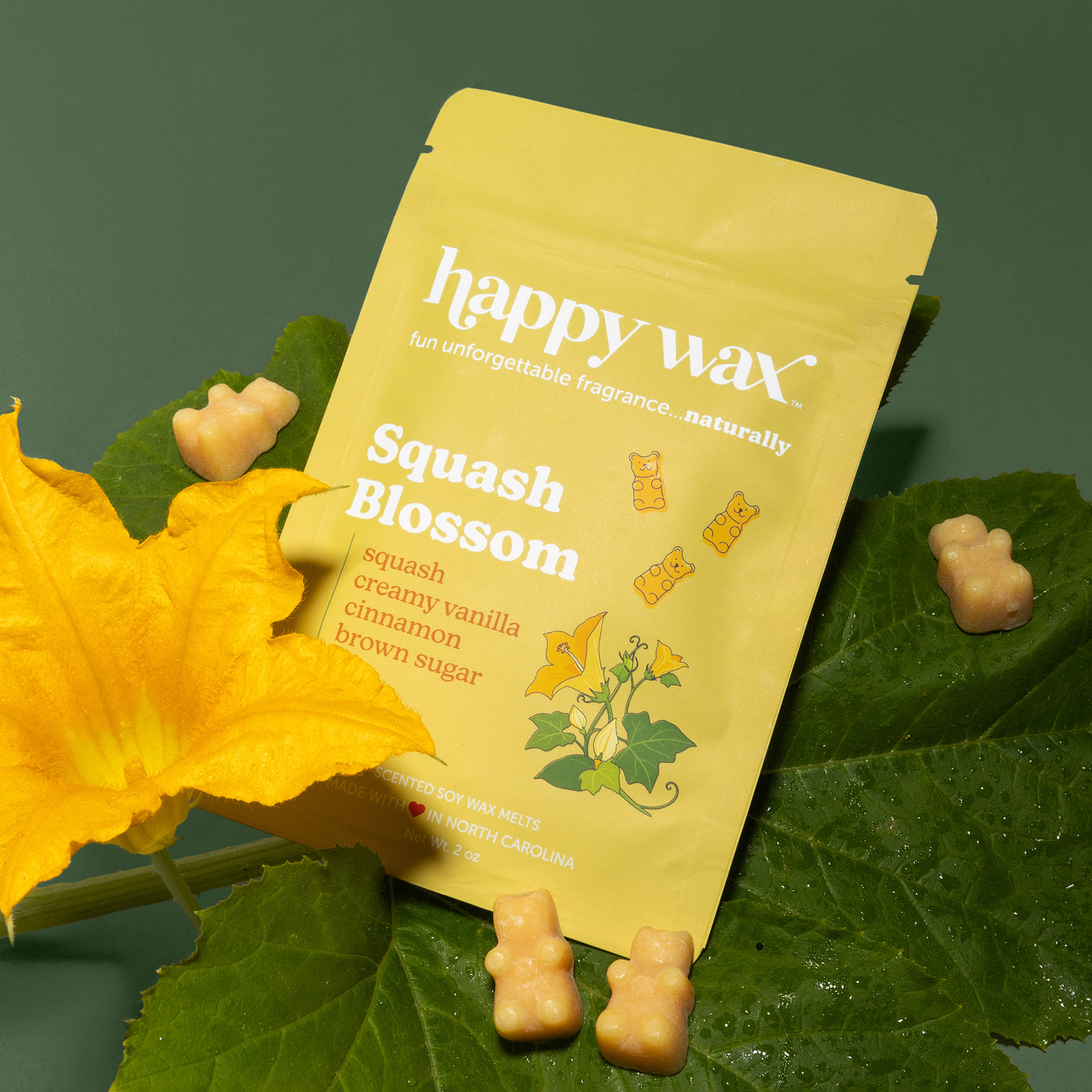 Happy Wax Squash Blossom Pouch with a Squash Blossom and greenery on muted green background
