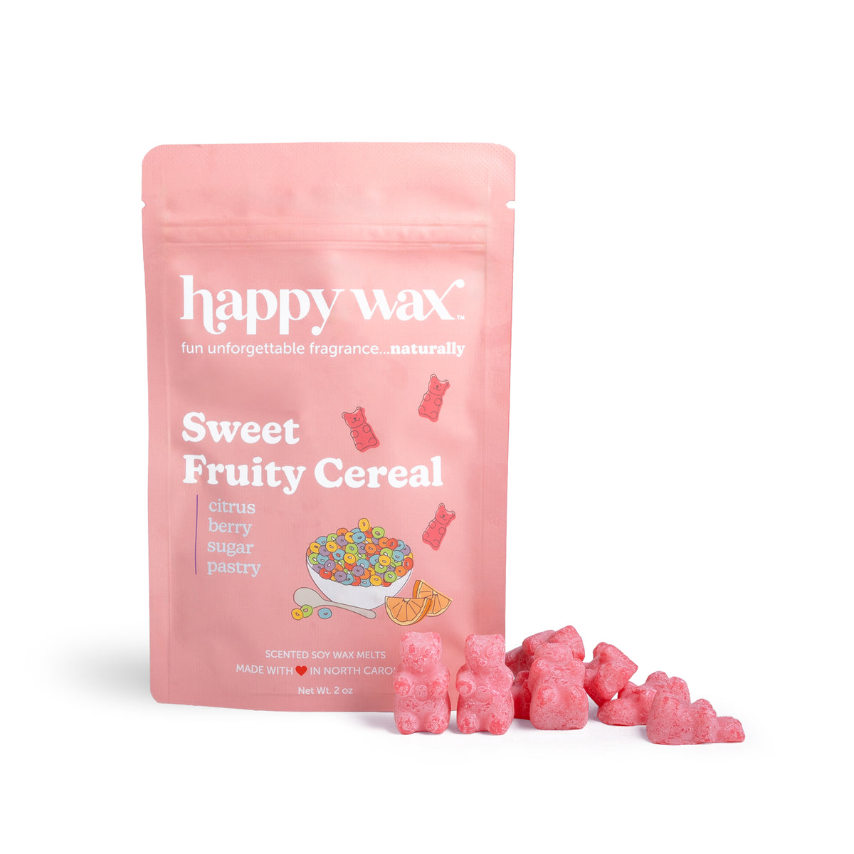 Happy Wax Sweet Fruity Cereal wax melts packaging on a white background