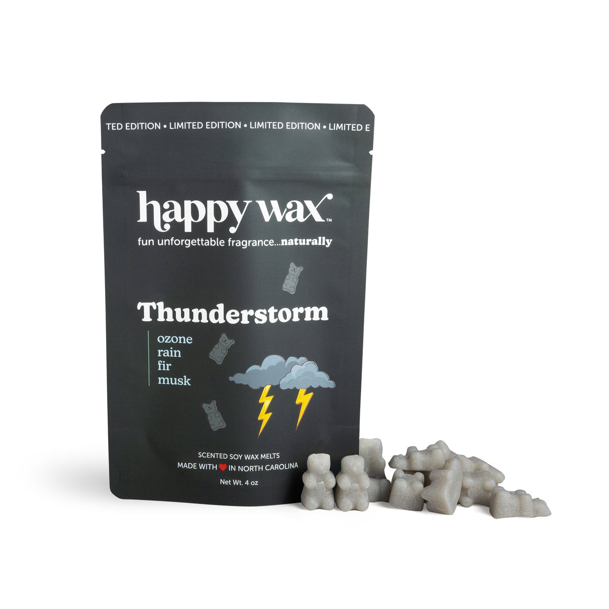 Happy Wax Thunderstorm wax melts packaging on a white background
