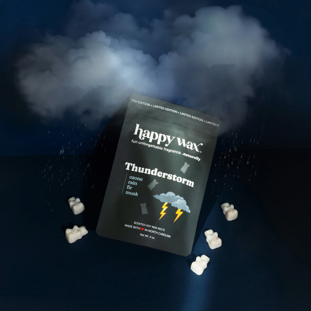 happy wax Thunderstorm wax melt packaging with cloud and raindrop effects on a dark background