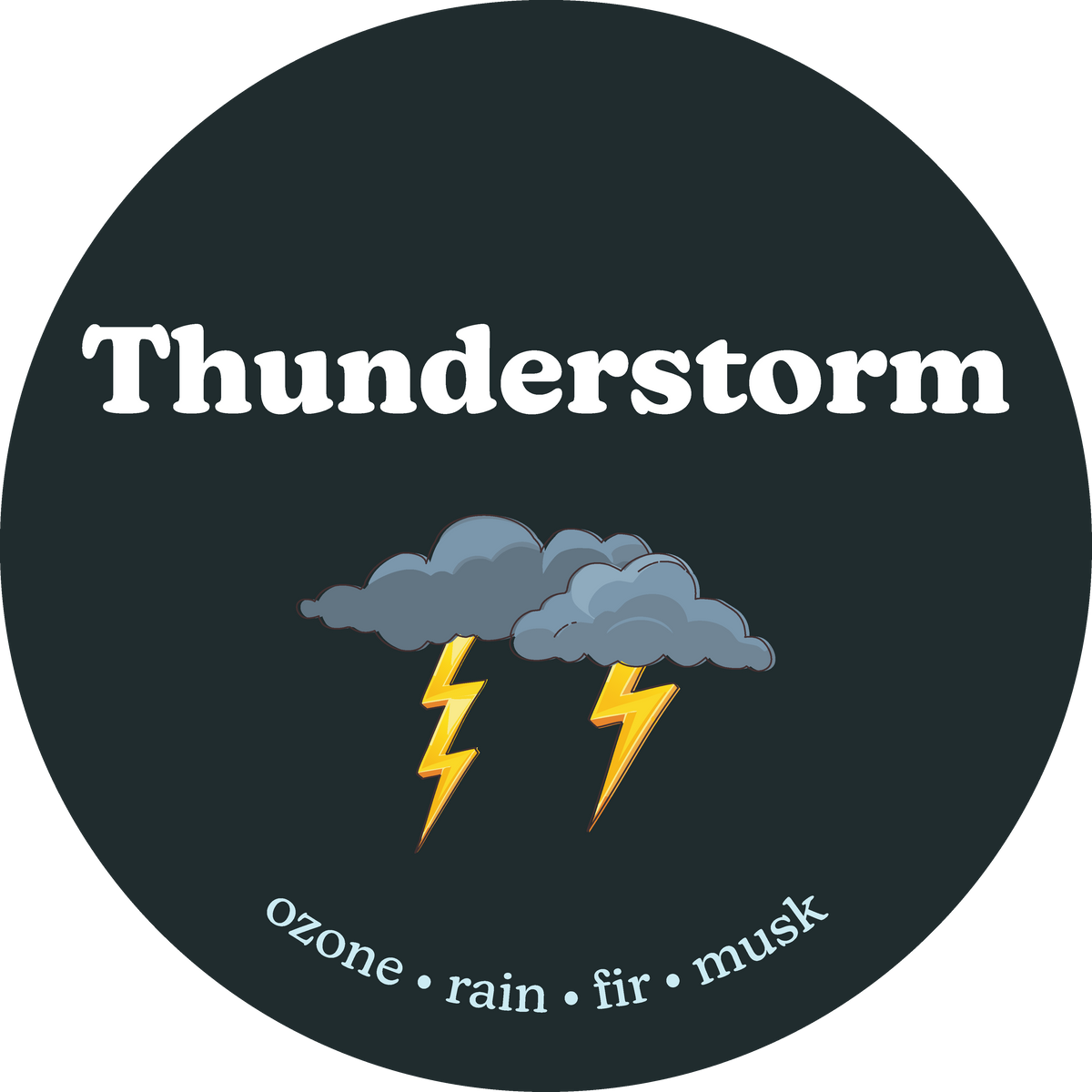 Round sticker with 'Thunderstorm' text, cloud, and lightning design on a black background.