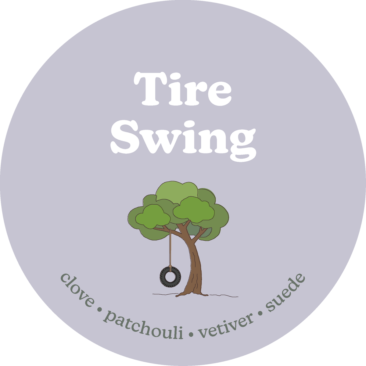 Round label with 'Tire Swing' text and tree illustration on a light purple background