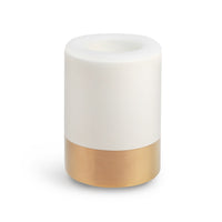 White ceramic wax warmer with gold-tone base and circular top opening.