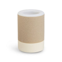 Cylindrical wax warmer with white ceramic top, tan glitter upper section, and cream base.