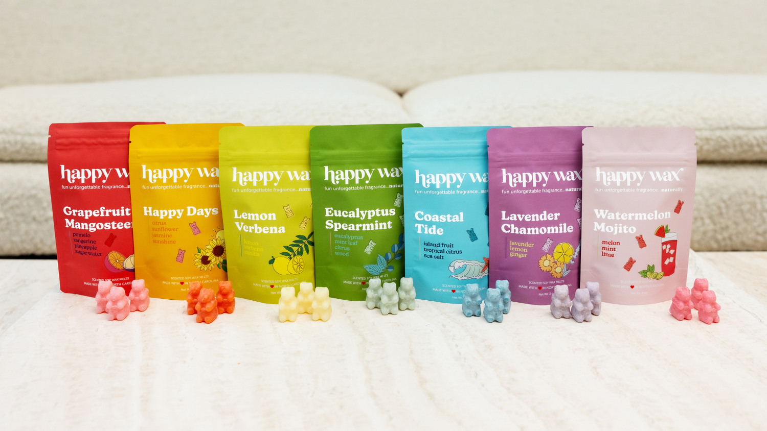 Smell the Rainbow wax melt bundle with Grapefruit Mangosteen, Happy Days, Lemon Verbana, Eucalyptus Spearmint, Coastal Tide, Watermelon Mojito, and Lavender Chamomile pouches.