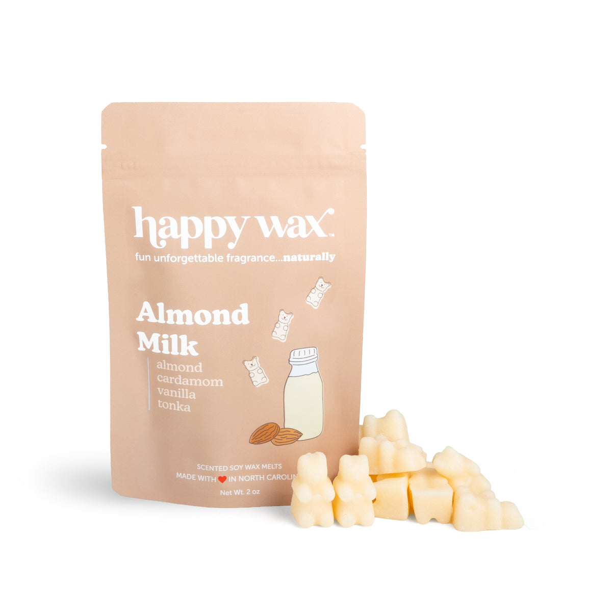 Happy Wax Almond Milk 2 ounce pouch with wax bears on white background
