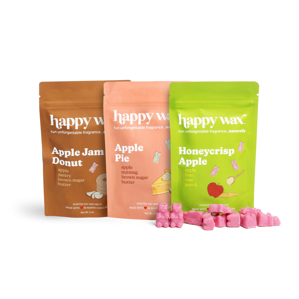 Happy Wax Apple Stand 3 Pack - Apple Jam Donut, Apple Pie, and Honeycrisp Apple with pink wax bears on white background