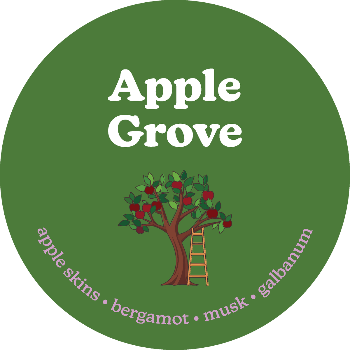Green circular label with "Apple Grove" text, apple tree illustration, and scent notes listed around the edge.