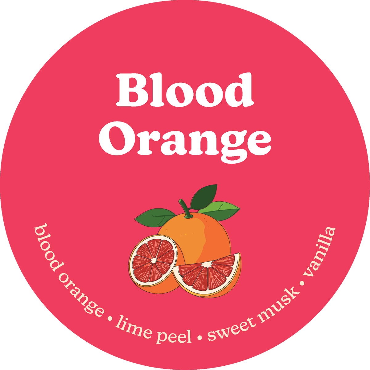 Round label with 'Blood Orange' text and blood orange illustration on a pink background