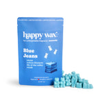 happy wax Blue Jeans wax melts packaging with wax melts on a white background
