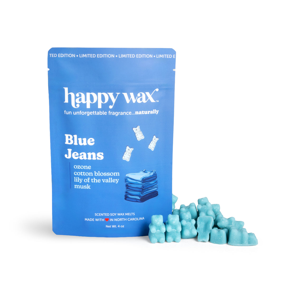 happy wax Blue Jeans wax melts packaging with wax melts on a white background