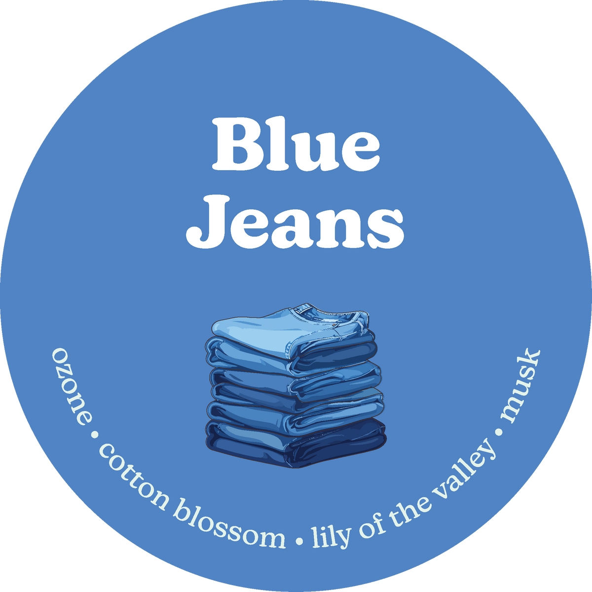 Blue jeans label with stack of blue jeans and fragrance notes on a blue background