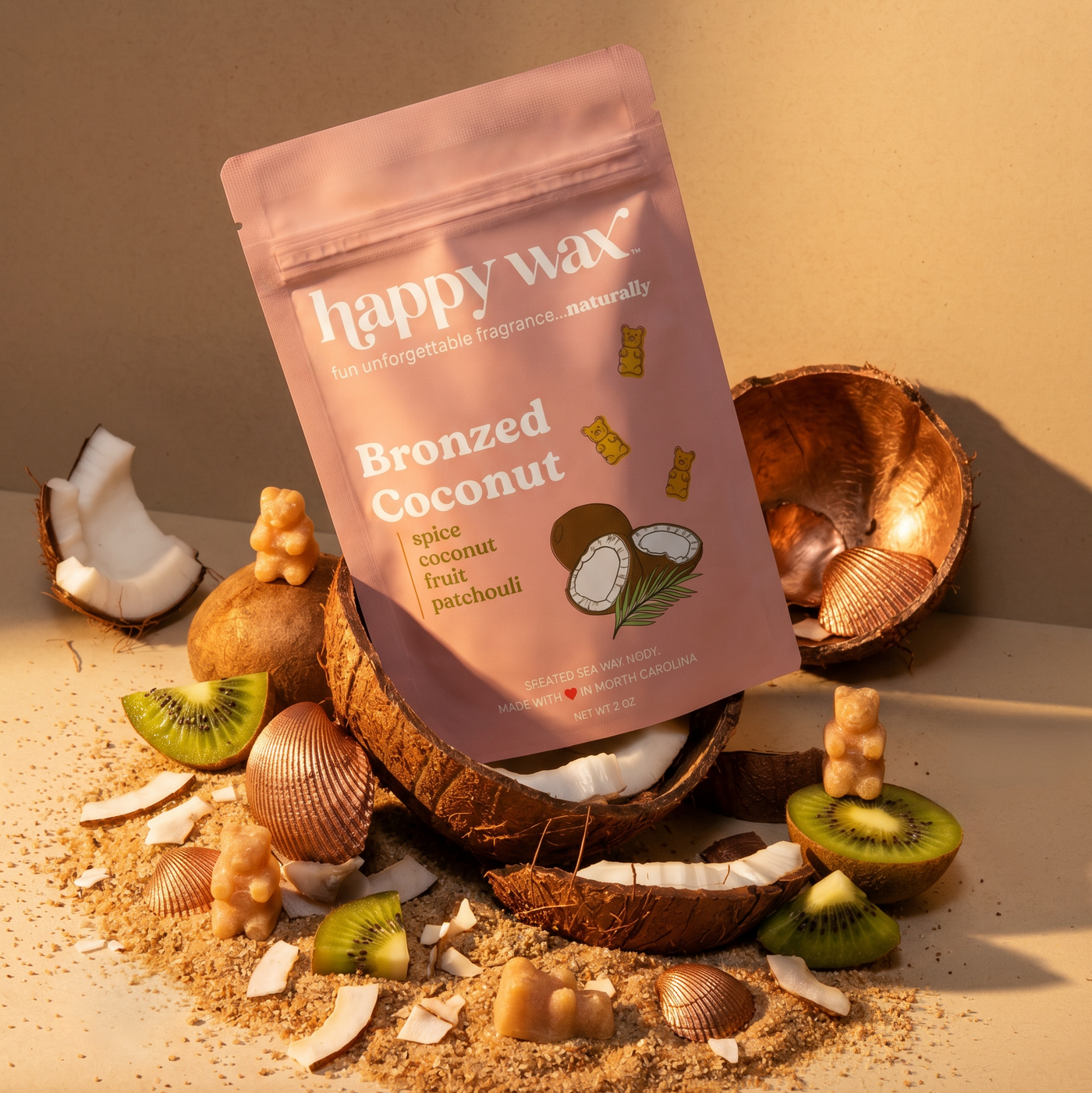 Happy Wax Bronzed Coconut wax melt packaging surrounded by coconut shells and kiwi fruit on a beige background