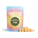 Happy Wax brown butter and sage soy wax melts in gradient pastel packaging with loose wax melts displayed beside the pouch.