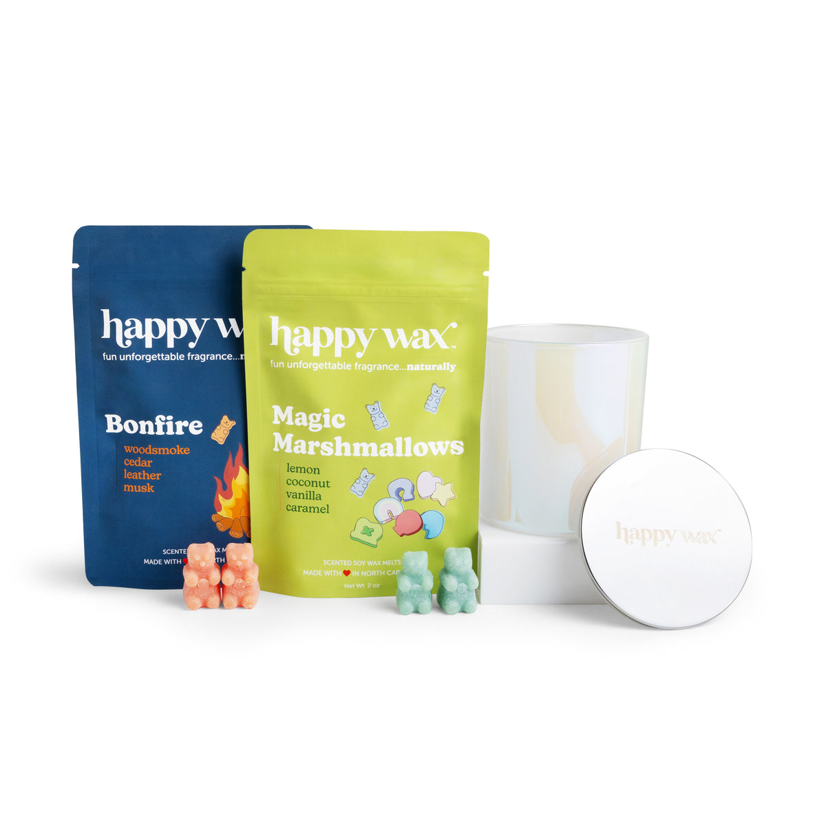 Happy Wax melts pouches and iridescent jar on white background
