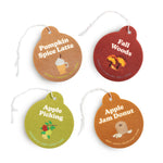Happy Wax Fall Mix Car Charms including Pumpkin Spice Latte, Fall Woods, Apple Picking and Apple Jam Donut on white.
