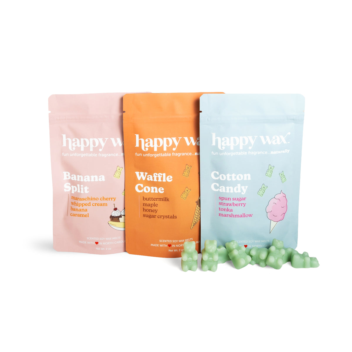 Happy wax carnival collection wax melt pouches on white background