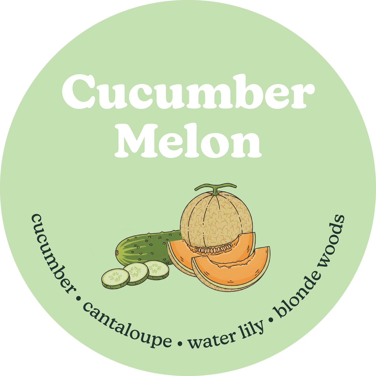 Round label with 'Cucumber Melon' text and illustrations of a cantaloupe and cucumber on a green background.