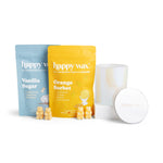 Happy wax melt pouches and storage jar on white background