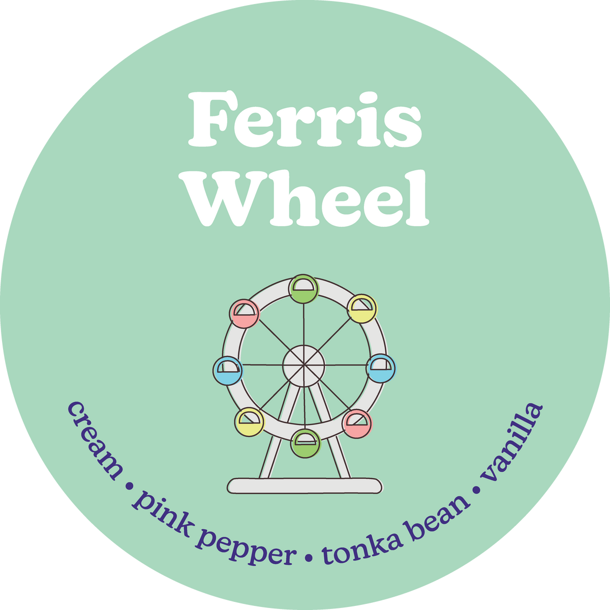 Ferris Wheel label with a colorful ferris wheel illustration on a green background.