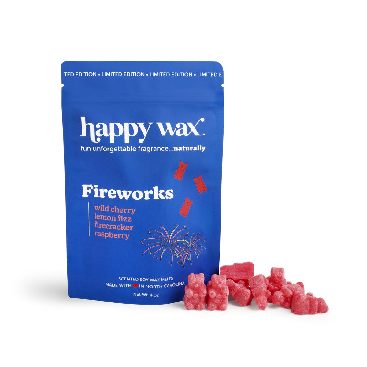 Happy Wax Fireworks packaging with red wax bears on white background