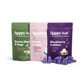Happy Wax From Scratch 3 pack pouches - Brown Butter & Sage, Sweet Cream and Blackberry Cobbler - with purple wax bears on white background