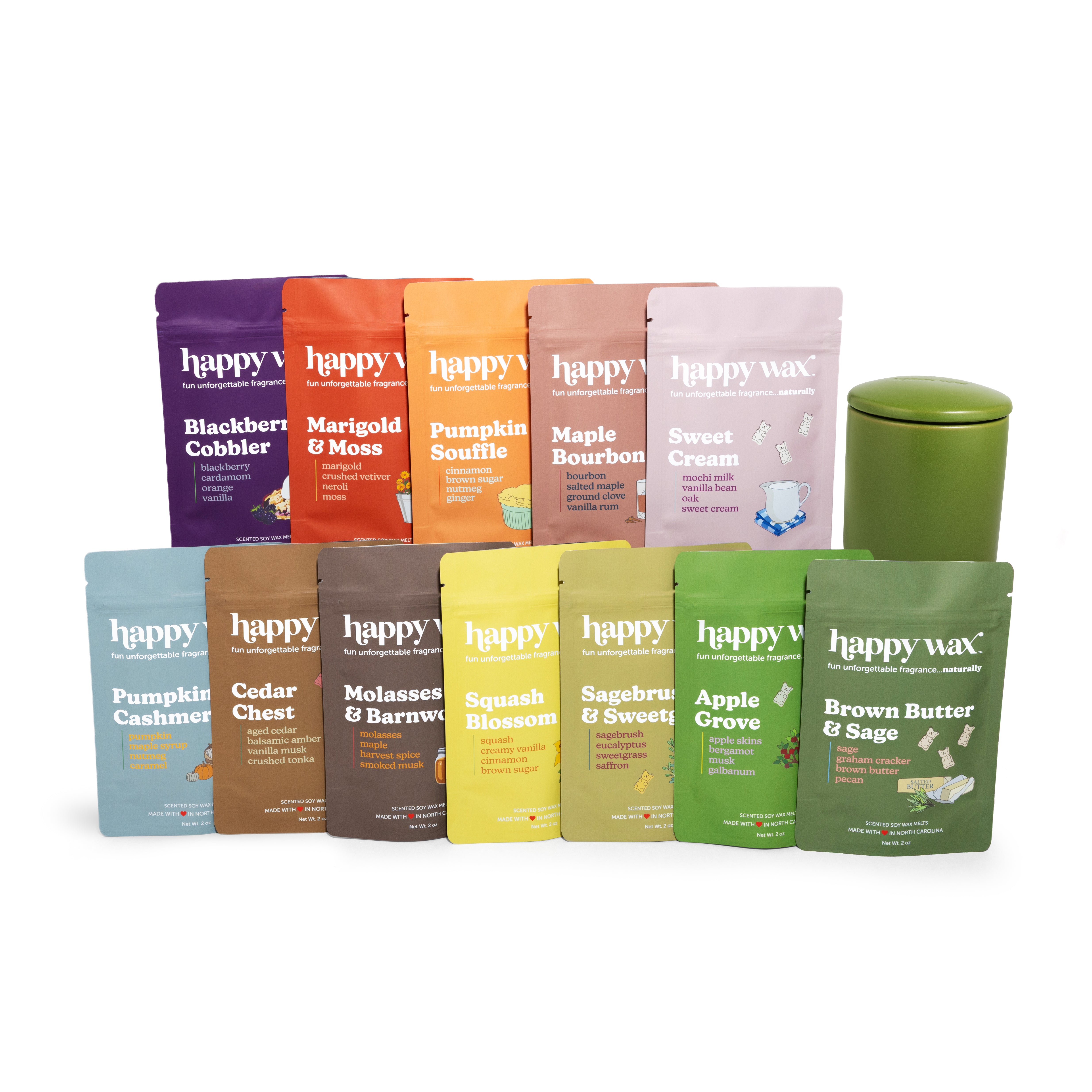 Happy Wax Golden Acre Collector's Club scents on white background
