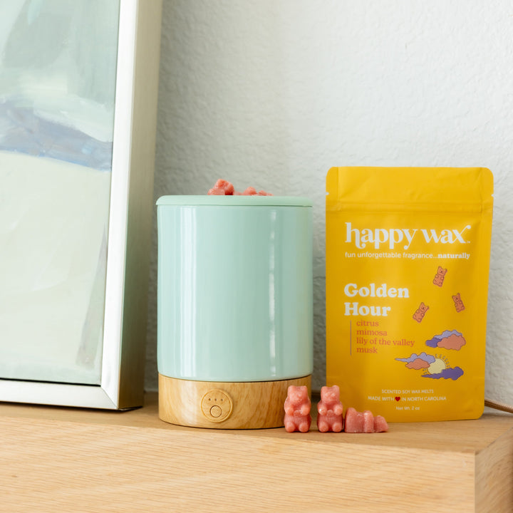 Seafoam Signature Wax warmer on shelf with wax melt pouch and scented wax bears