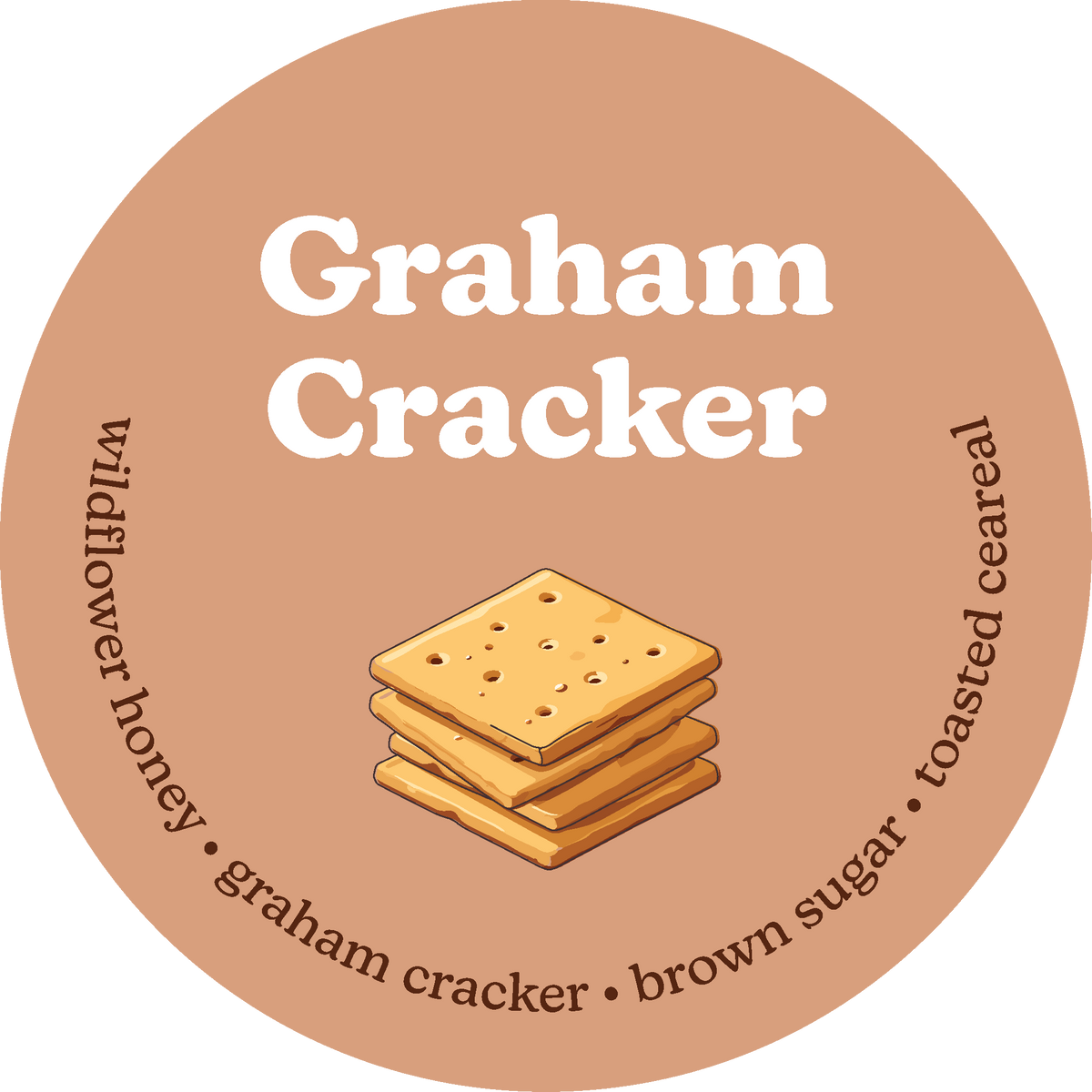 Round tan label for Graham Cracker wax melts featuring a stack of graham crackers and scent notes.