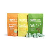 Happy Wax Hand Picked 3 pack pouches - Pumpkin Souffle, Squash Blossom and Apple Grove - with green wax bears on white background.