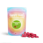 Pastel gradient pouch of happy wax brand soy wax melts with Honeycrisp Apple label, accompanied by pink wax melt bears.
