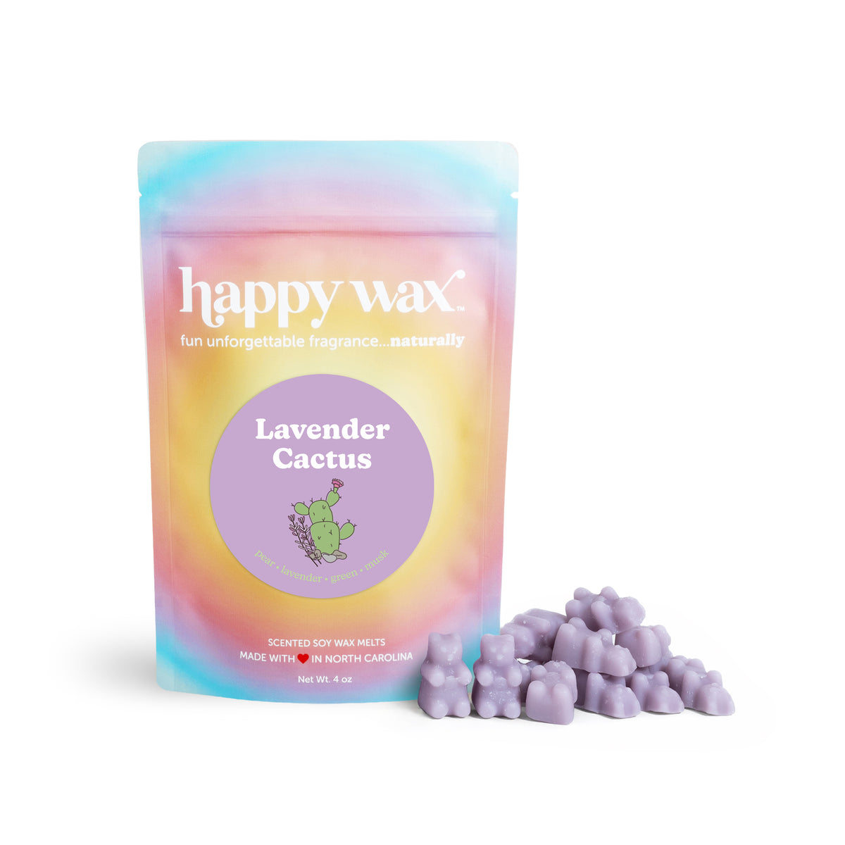 Happy Wax Lavender Cactus 4 ounce packaging with purple wax bears on white background