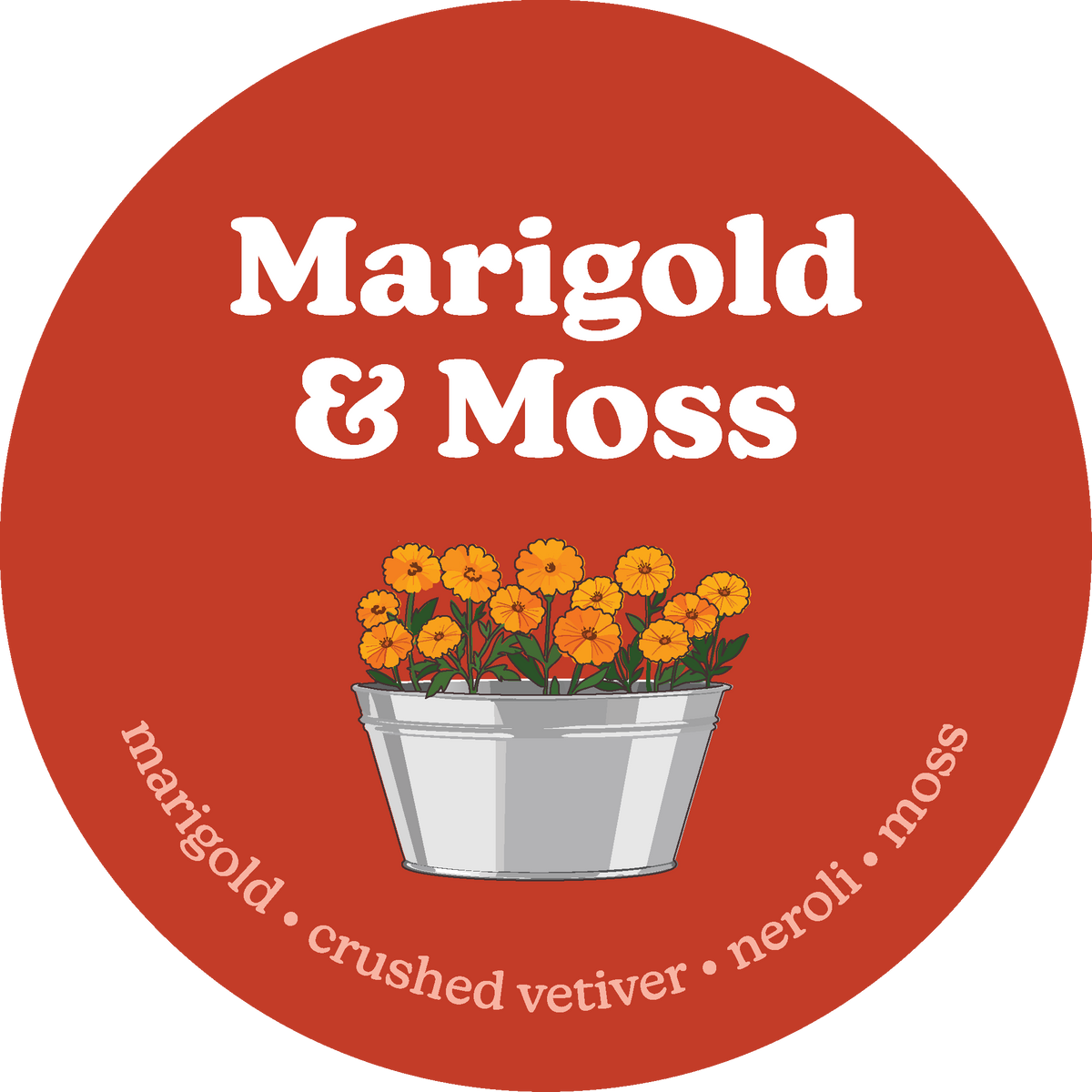 Red circular label with white text reading "Marigold & Moss" and illustration of orange marigold flowers in gray metal pot.