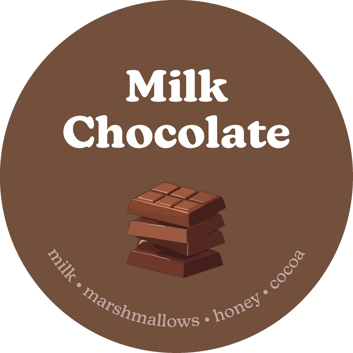 Brown circle with Happy Wax Milk Chocolate, milk chocolate illustration and scent notes.
