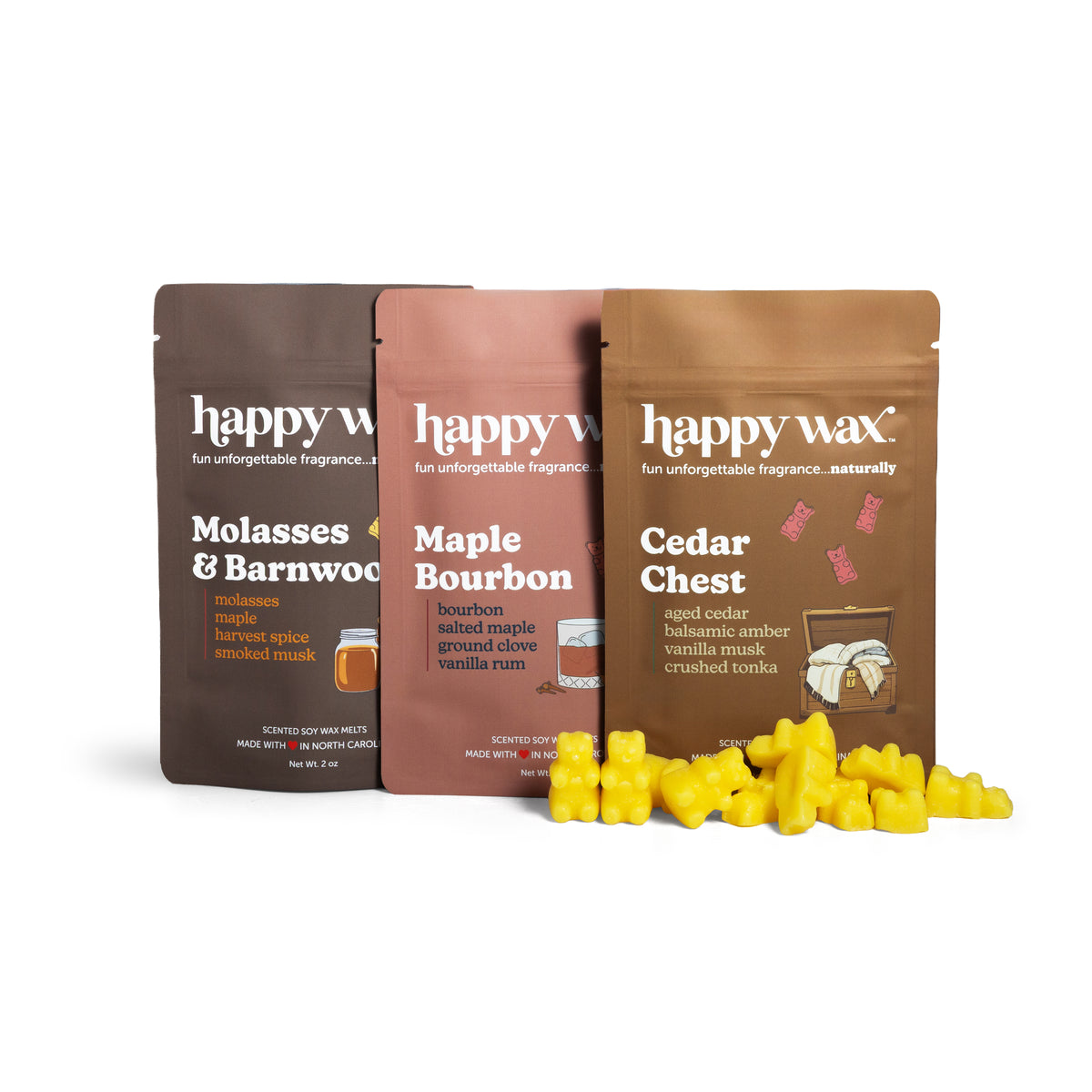 Happy Wax Old Growth 3 pack pouches - Molasses & Barnwood, Maple Bourbon, and Cedar Chest - with yellow wax bears on white background.