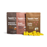 Happy Wax Old Growth 3 pack pouches - Molasses & Barnwood, Maple Bourbon, and Cedar Chest - with yellow wax bears on white background.