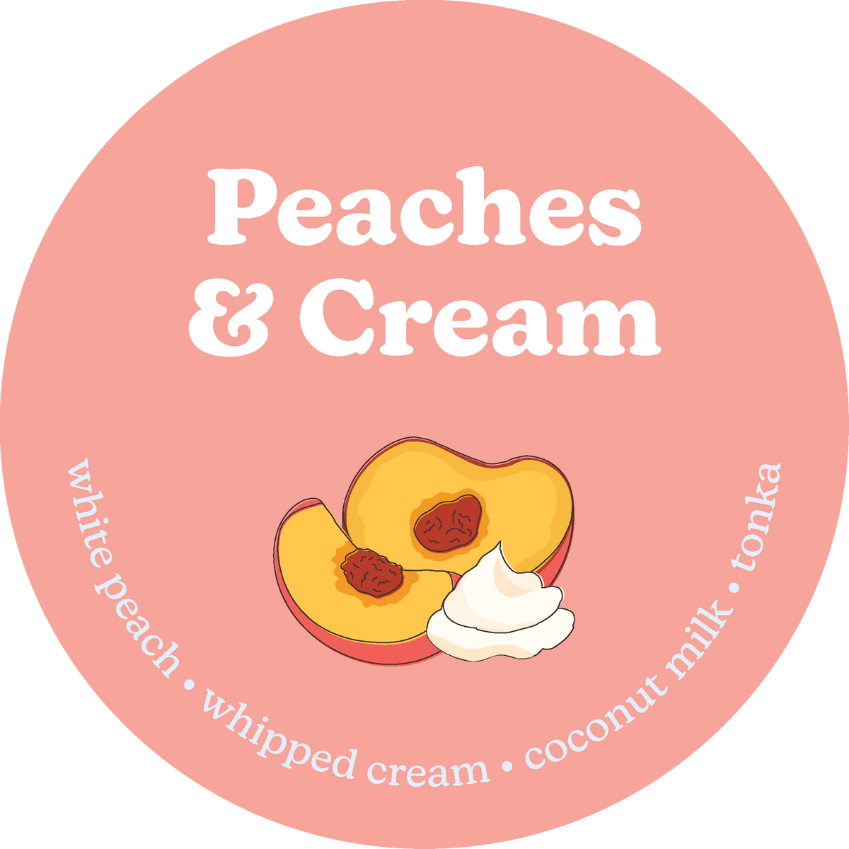 Round label with 'Peaches & Cream' text and a illustration of a peach and whipped cream on a pink background.