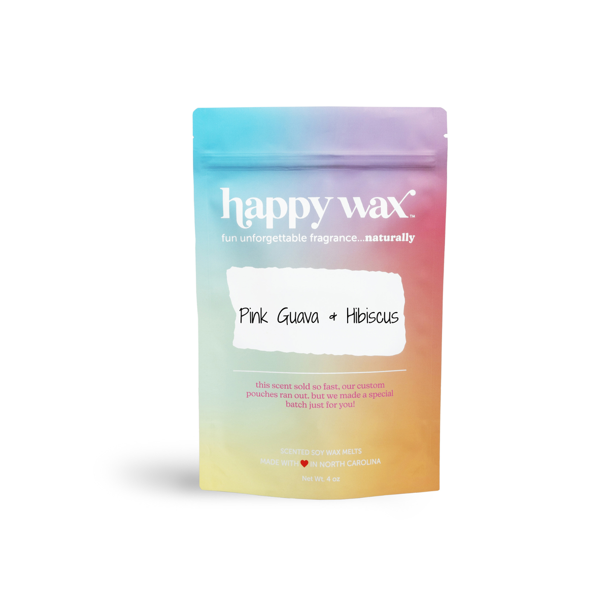 Happy Wax brand pouch of Pink Guava & Hibiscus wax melts with gradient rainbow packaging.