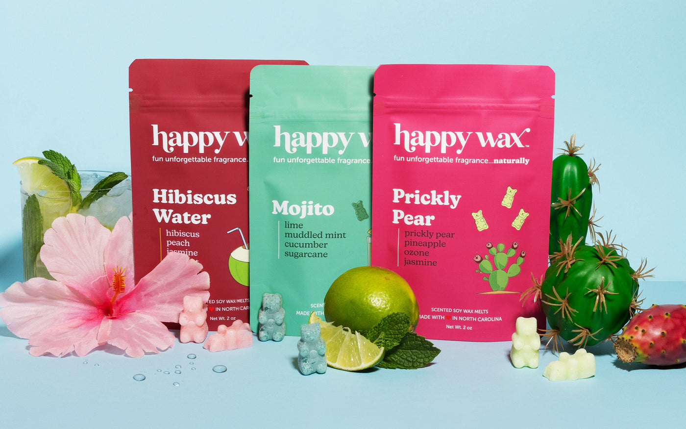 wax melt pouches on blu ebackground with limes, cacuts, and flowers