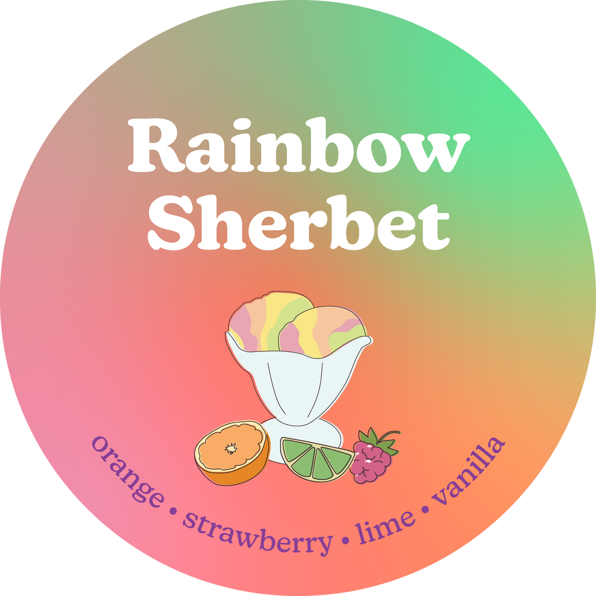 Gradient circle with 'Rainbow Sherbet' text and a illustration of sherbet in a bowl.