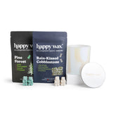 Happy Wax melt pouches with iridescent jar on white background