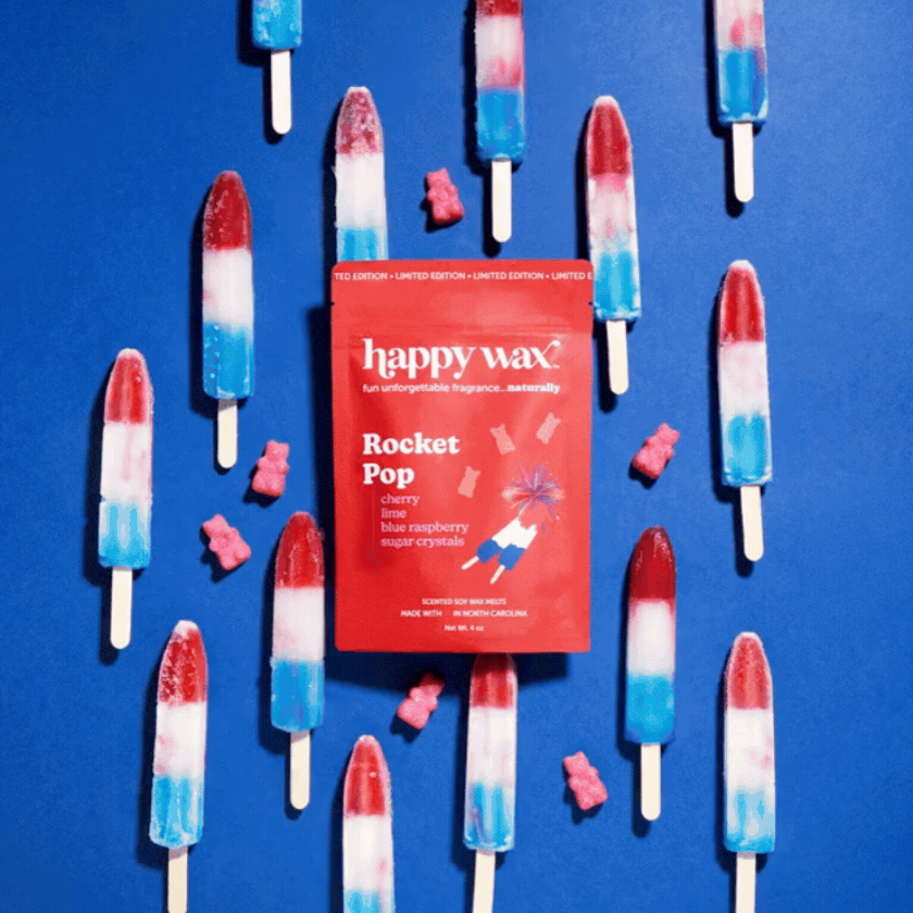 Rocket Pop wax melts pouch on blue background with popsicles melting