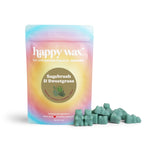 Green wax melts scattered beside a gradient pastel pouch labeled "Sagebrush & Sweetgrass" by Happy Wax.