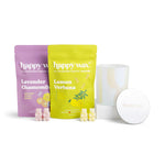 Happy wax melts pouches with iridescent jar on white background