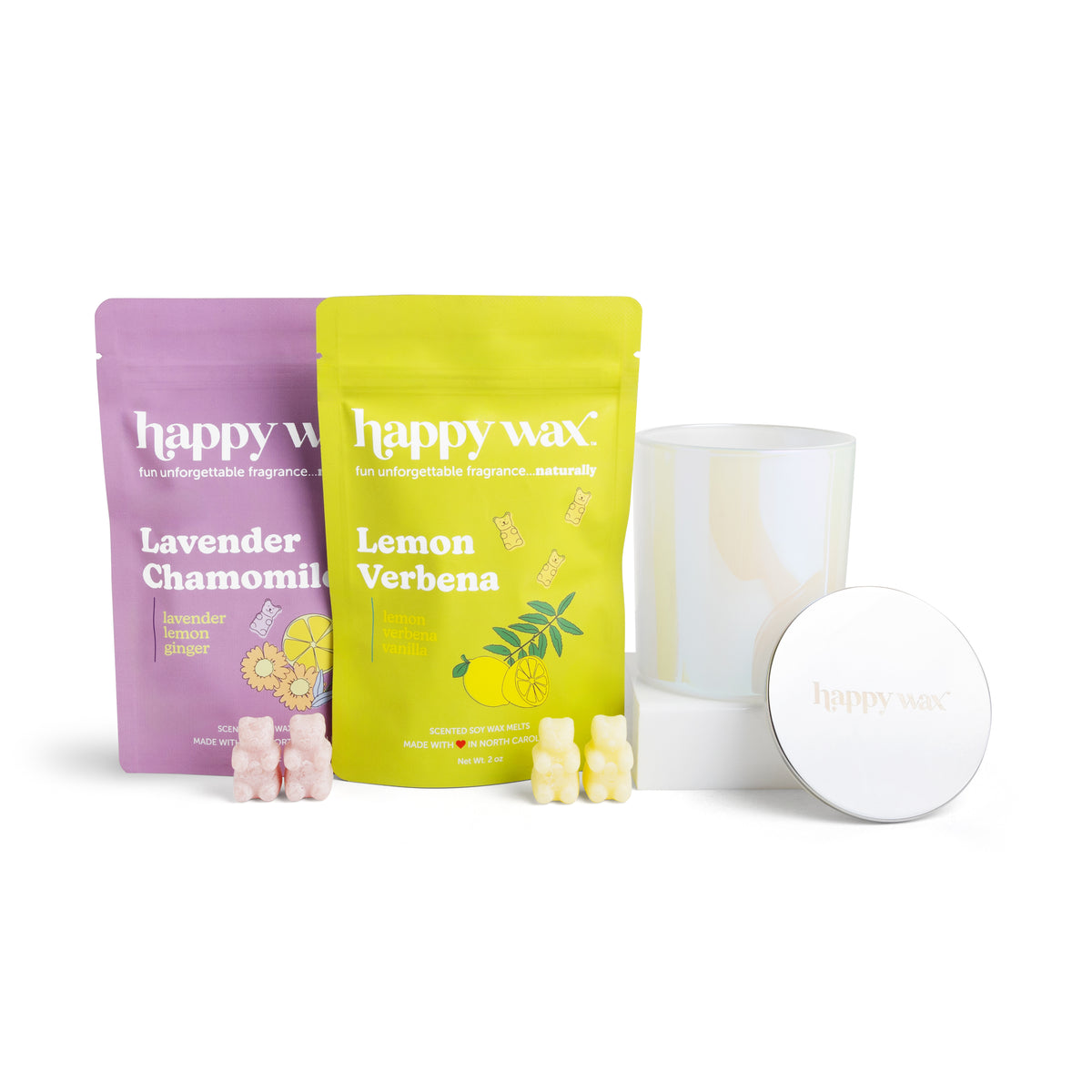 Happy wax melts pouches with iridescent jar on white background