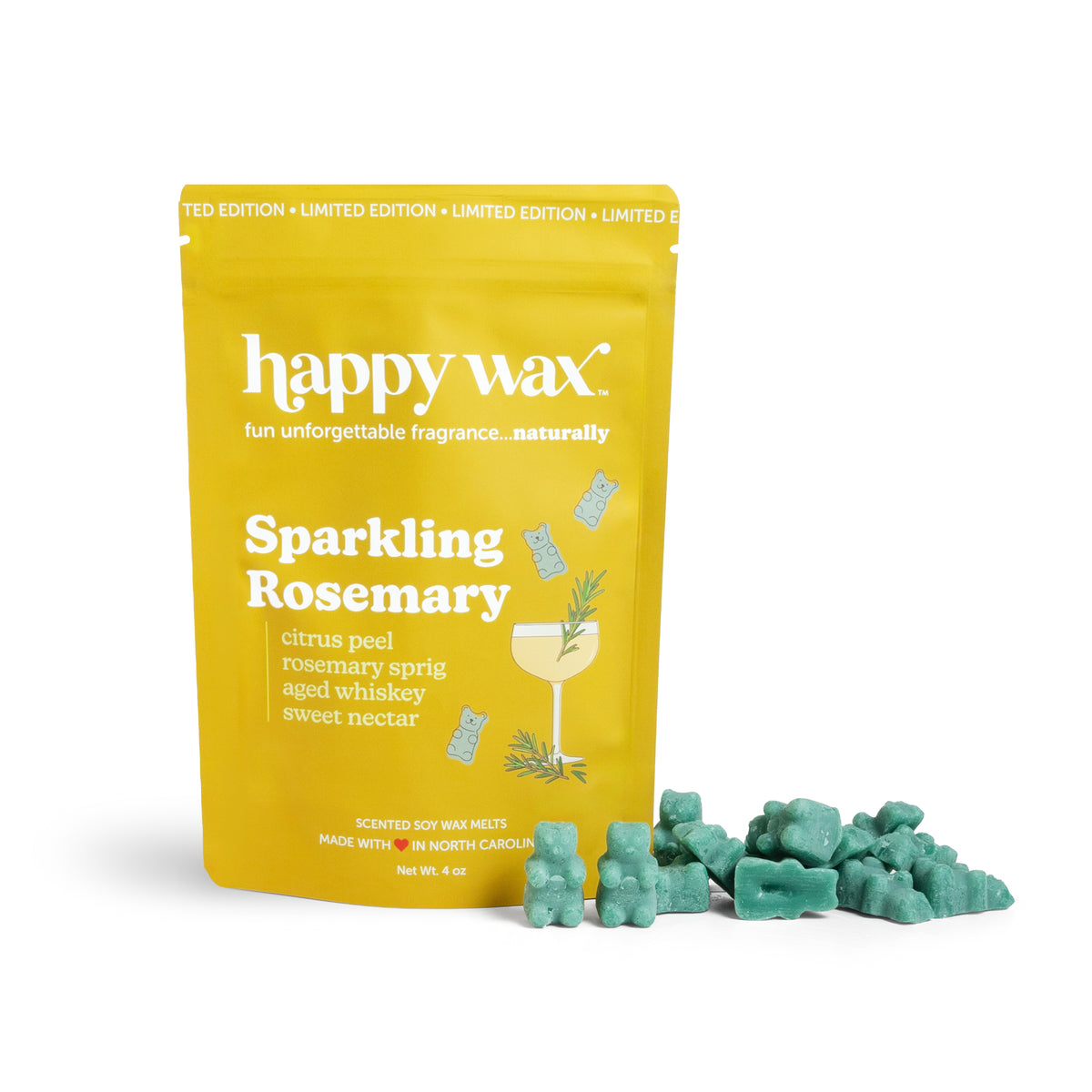 Happy Wax Sparking Rosemary 4 ounce pouch with green colored wax bears on white background