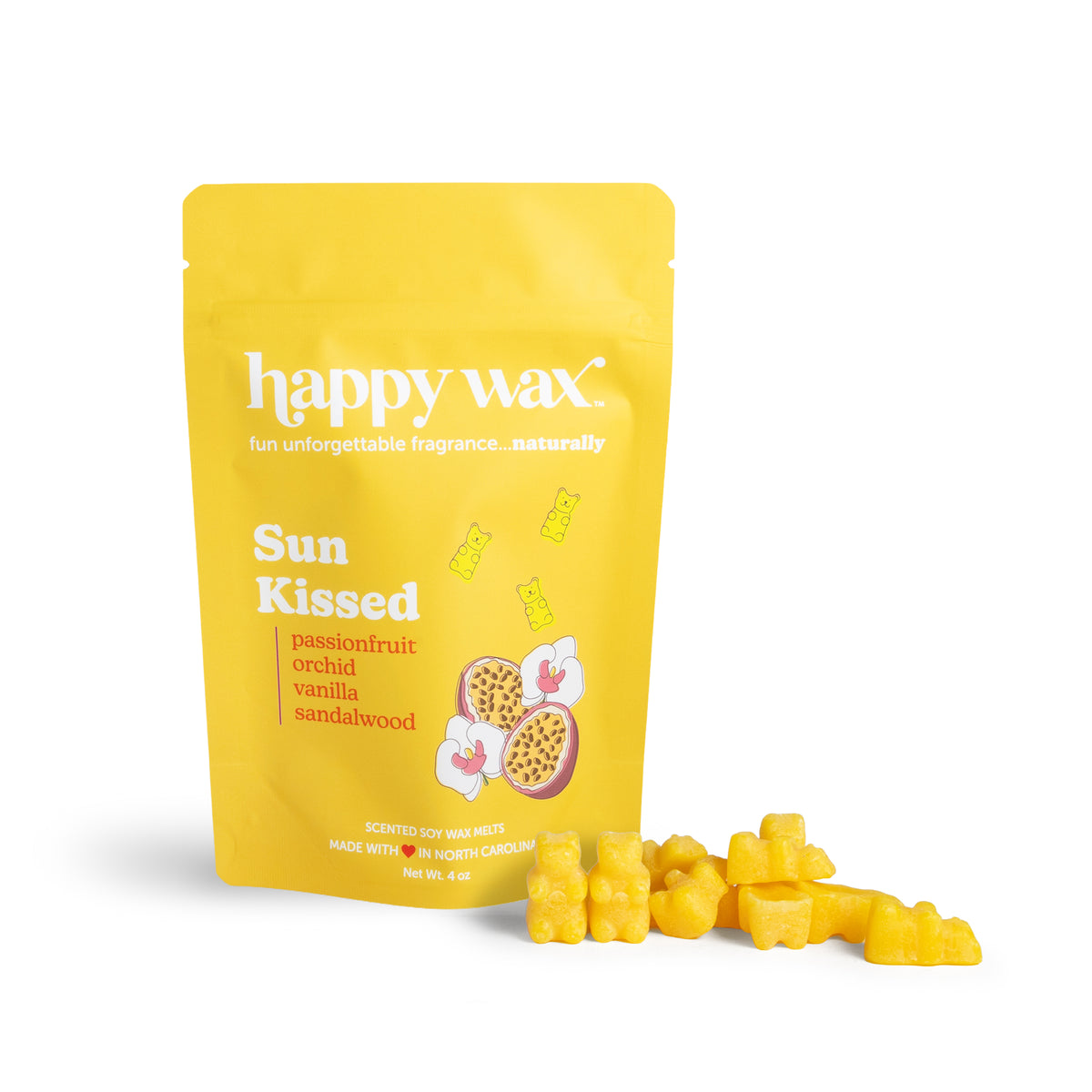 Happy Wax Sun Kissed wax melts packaging with yellow wax melts on a white background