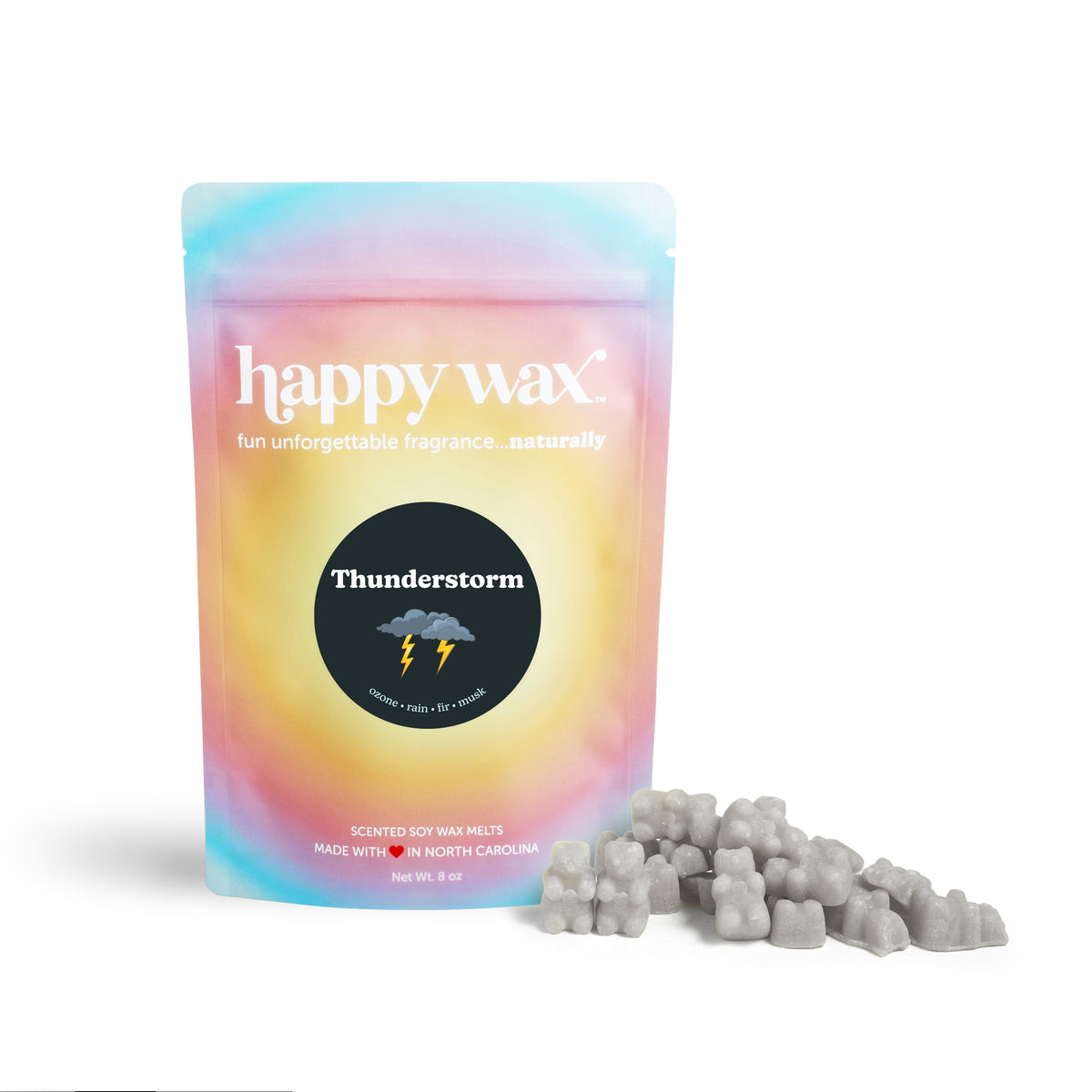 Pastel gradient pouch of thunderstorm scented soy wax melts with grey wax bears displayed beside it.